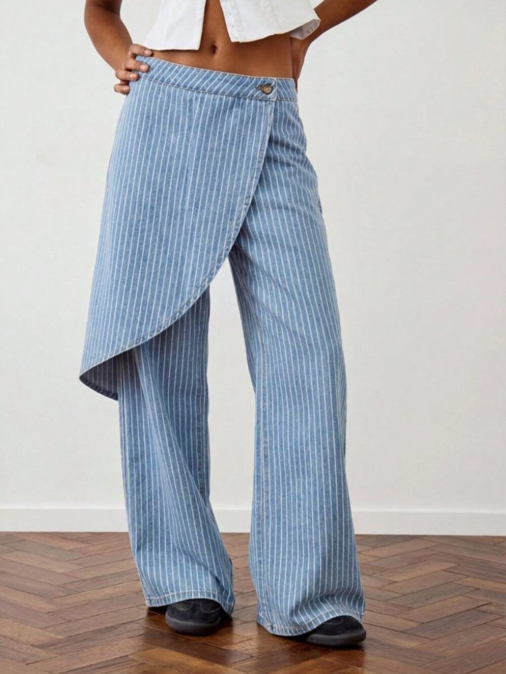 Blue Pinstripe Denim Asymmetric Apron Wrap Front Wide Leg Jeans